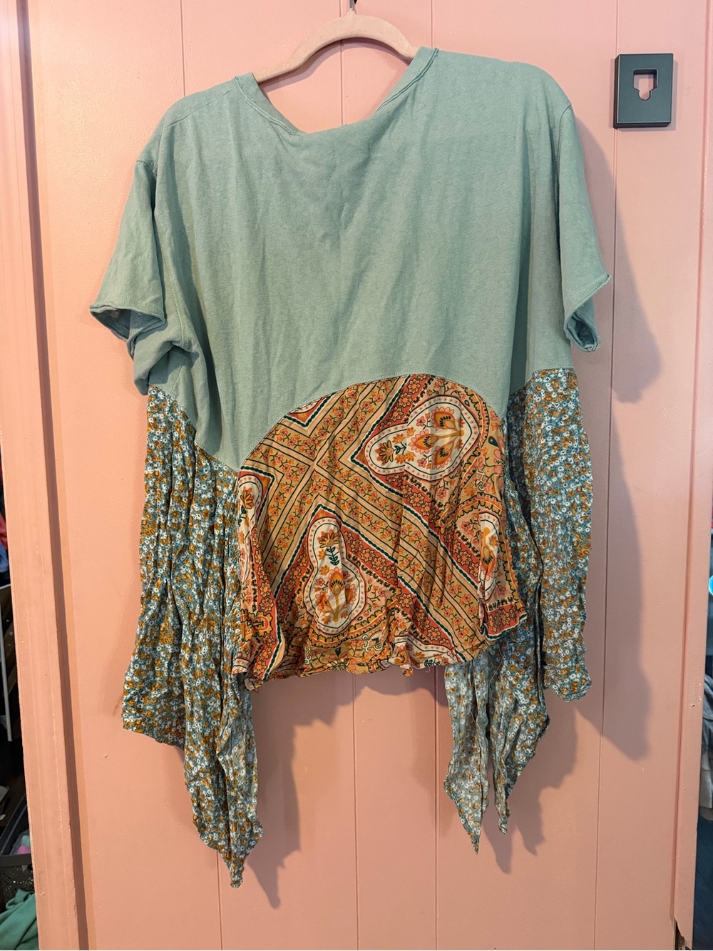easel Sage Green and Mustard Patchwork Boho Scoop Neck Top